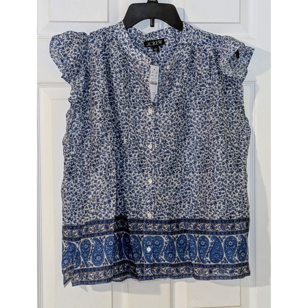 J. Crew Blue White‎ Floral Paisley Cap Sleeve Button Up Shirt Top Size L NWT $90 - Picture 5 of 12
